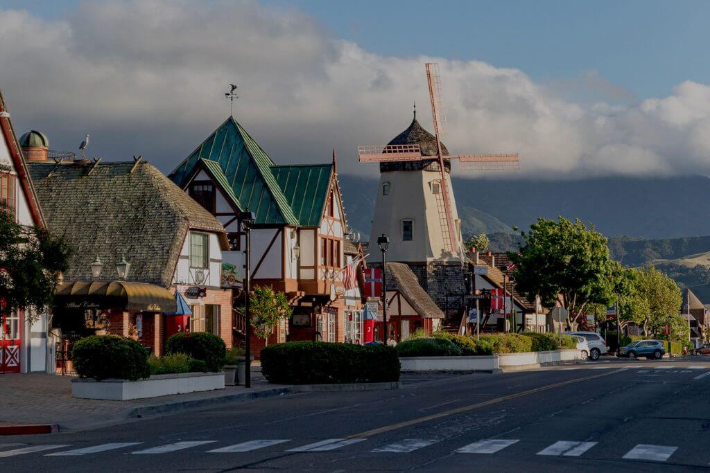 Danish inspired street with windmill in Solvang, California